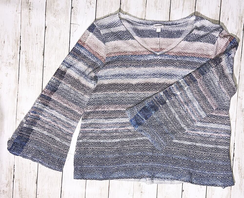 Avenue Striped Knit V-Neck Flared Sleeve Sweater 14/16